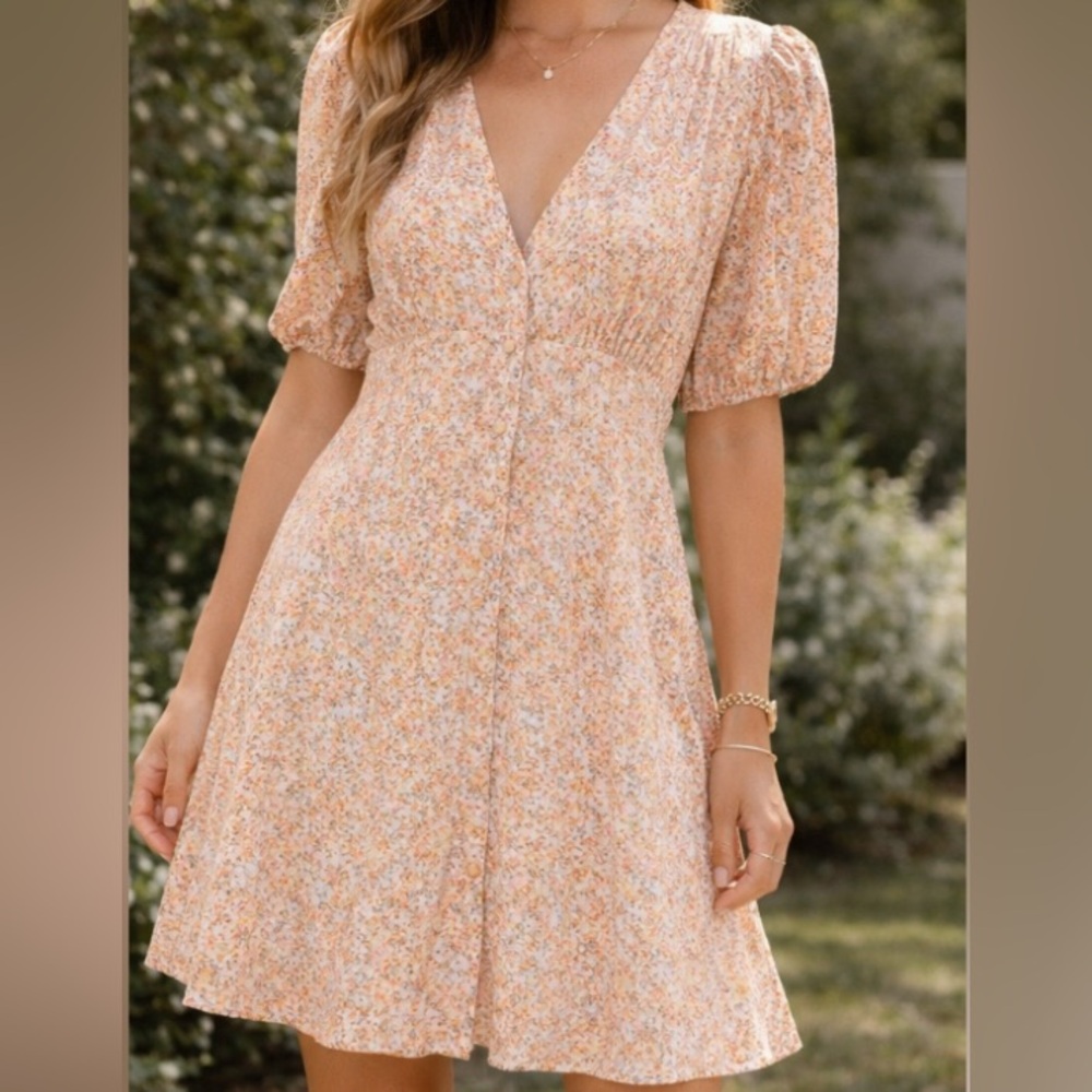 Sophie Rue Peach Floral V-Neck Puff Sleeve Prairie Romantic Feminine Mini Dress